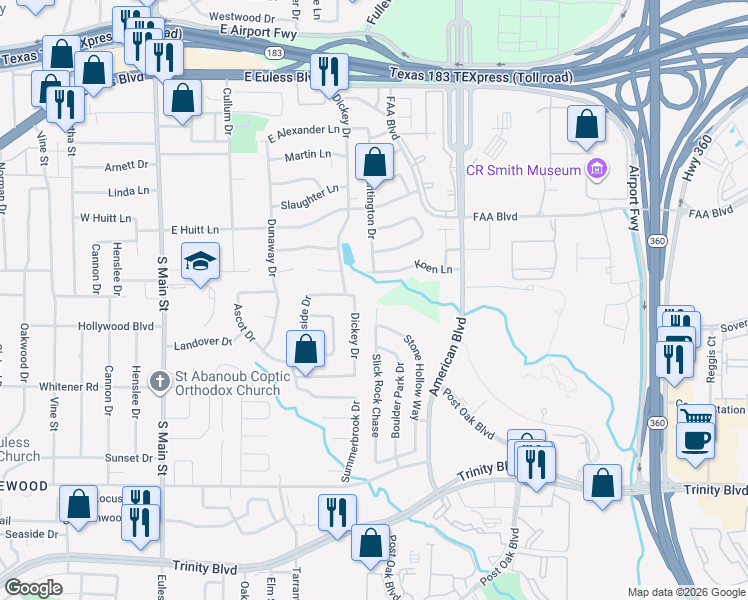 map of restaurants, bars, coffee shops, grocery stores, and more near 4425 Slick Rock Chase in Euless