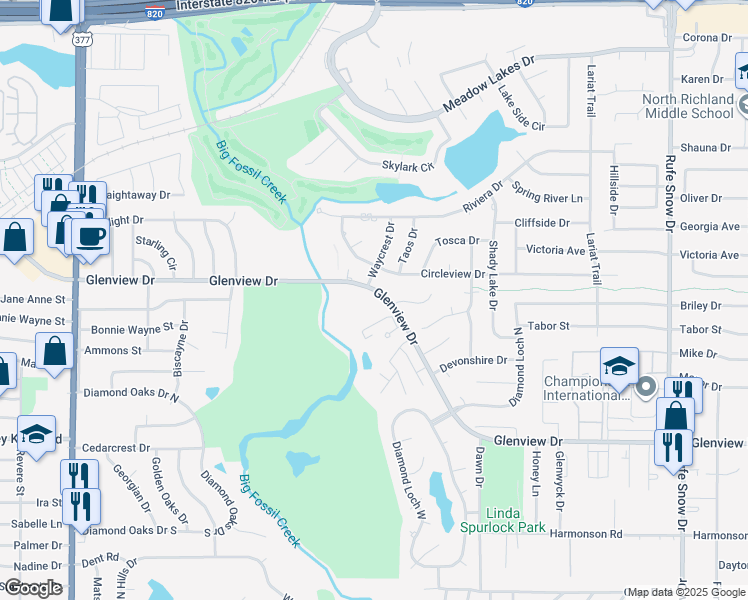 map of restaurants, bars, coffee shops, grocery stores, and more near 6100 Glenview Drive in North Richland Hills