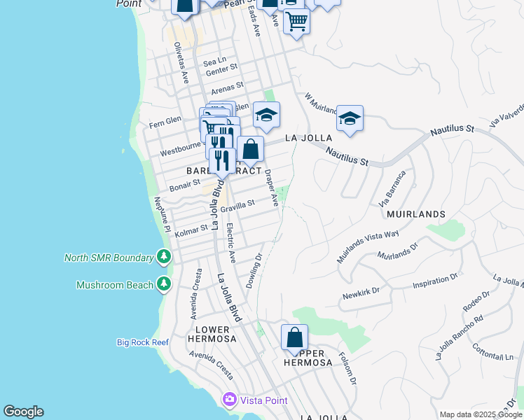 map of restaurants, bars, coffee shops, grocery stores, and more near 618 Gravilla Place in San Diego