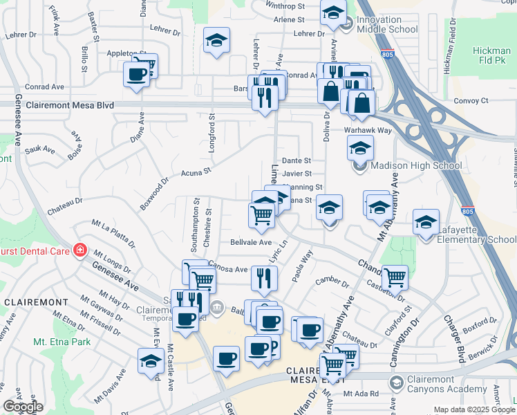 map of restaurants, bars, coffee shops, grocery stores, and more near 4690 Limerick Avenue in San Diego