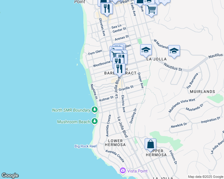 map of restaurants, bars, coffee shops, grocery stores, and more near 362 Gravilla Street in San Diego