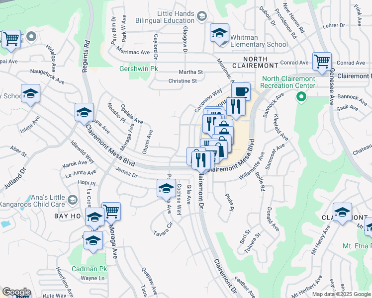 map of restaurants, bars, coffee shops, grocery stores, and more near 4621 Coconino Way in San Diego