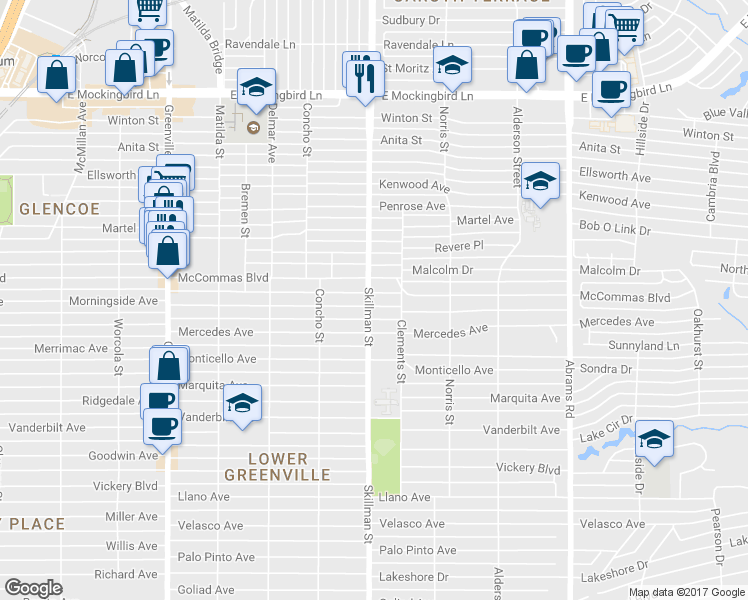 map of restaurants, bars, coffee shops, grocery stores, and more near 6037 Morningside Avenue in Dallas