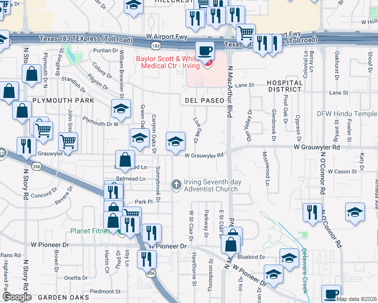 map of restaurants, bars, coffee shops, grocery stores, and more near 1500 Cripple Creek Drive in Irving