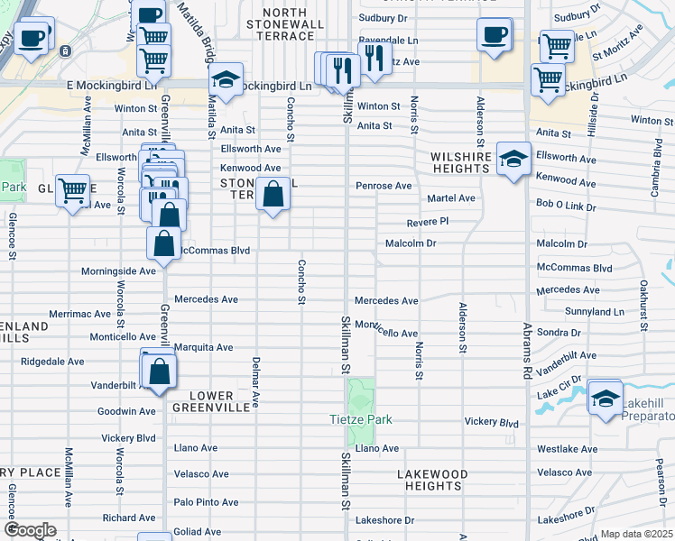 map of restaurants, bars, coffee shops, grocery stores, and more near 6037 Morningside Avenue in Dallas