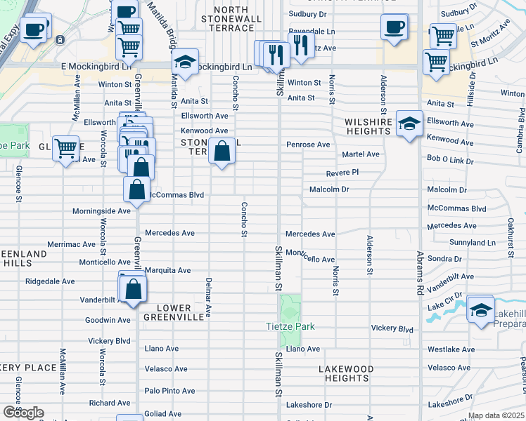 map of restaurants, bars, coffee shops, grocery stores, and more near 6025 Morningside Avenue in Dallas