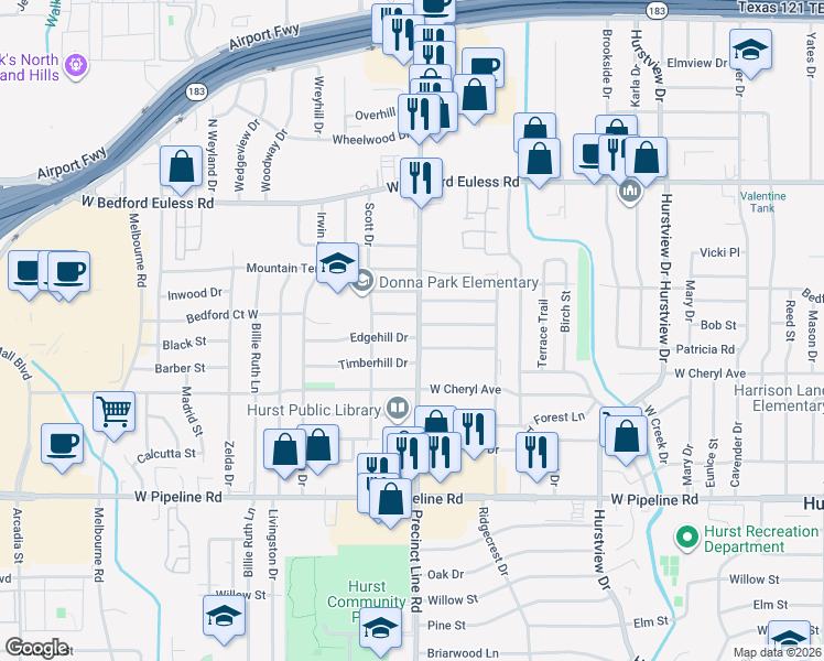 map of restaurants, bars, coffee shops, grocery stores, and more near 800 Edgehill Drive in Hurst