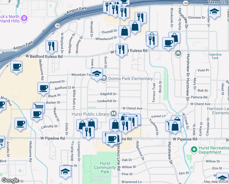 map of restaurants, bars, coffee shops, grocery stores, and more near 800 Edgehill Drive in Hurst