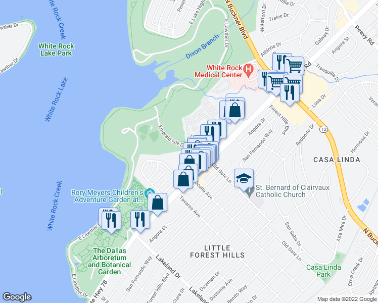 map of restaurants, bars, coffee shops, grocery stores, and more near 1010 Emerald Isle Drive in Dallas