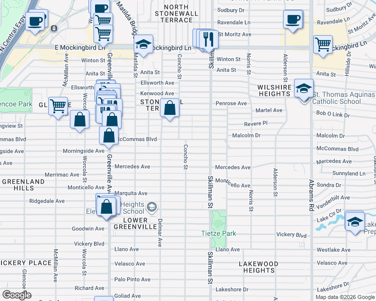 map of restaurants, bars, coffee shops, grocery stores, and more near 6003 Morningside Avenue in Dallas