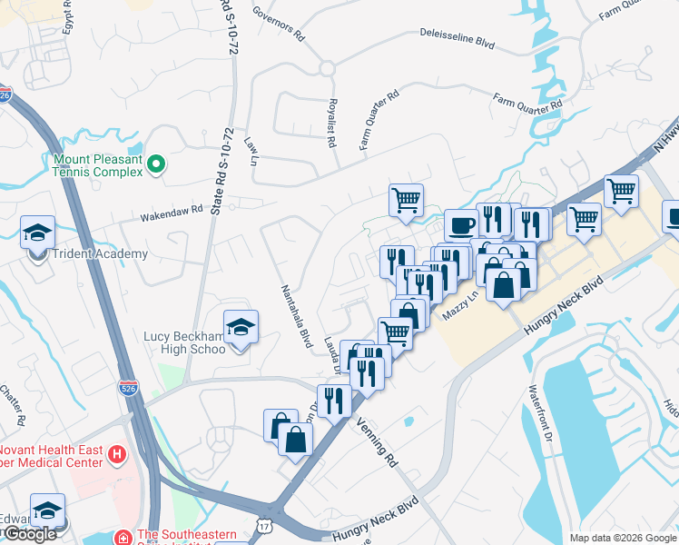 map of restaurants, bars, coffee shops, grocery stores, and more near 1664 Lauda Drive in Mount Pleasant