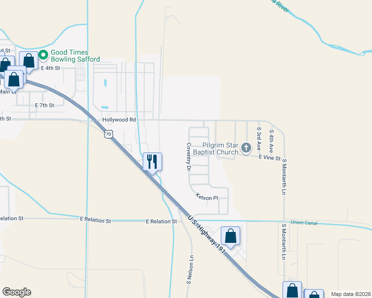map of restaurants, bars, coffee shops, grocery stores, and more near 1020 Coventry Drive in Safford