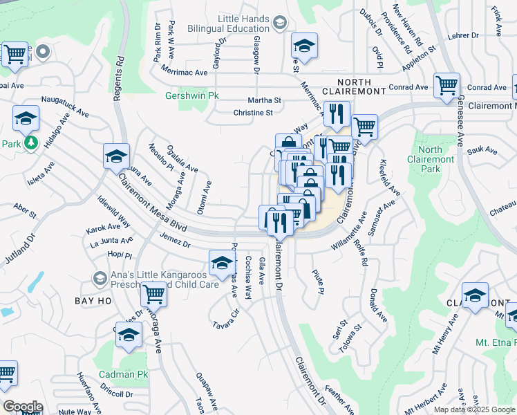 map of restaurants, bars, coffee shops, grocery stores, and more near 4621 Coconino Way in San Diego