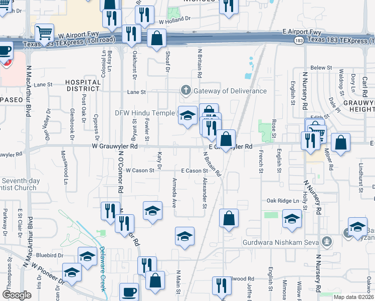 map of restaurants, bars, coffee shops, grocery stores, and more near 208 East Grauwyler Road in Irving