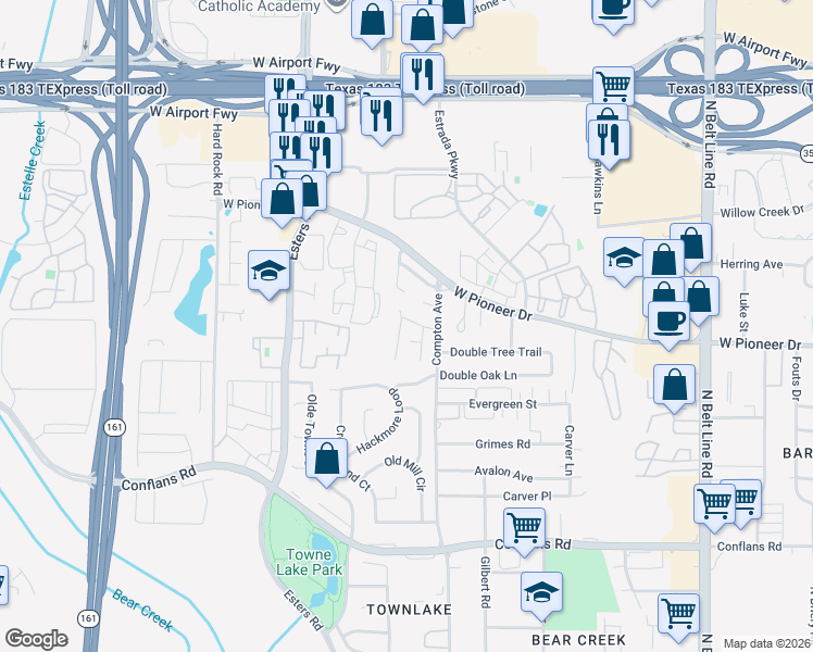 map of restaurants, bars, coffee shops, grocery stores, and more near 4106 Stagecoach Trail in Irving