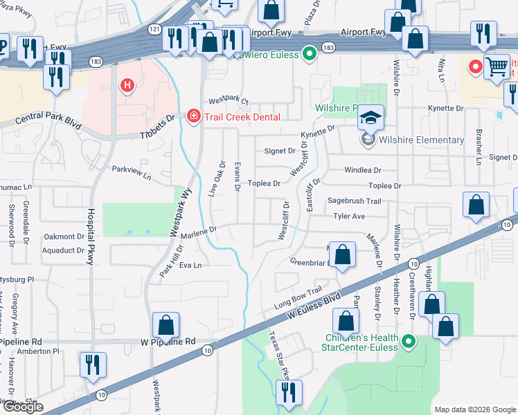 map of restaurants, bars, coffee shops, grocery stores, and more near 610 Mesa Drive in Euless