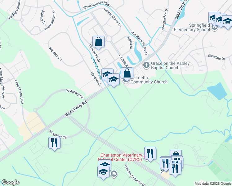 map of restaurants, bars, coffee shops, grocery stores, and more near 1945 Bees Ferry Road in Charleston