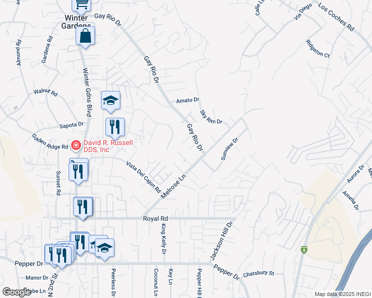 map of restaurants, bars, coffee shops, grocery stores, and more near 12461 Gay Rio Drive in Lakeside