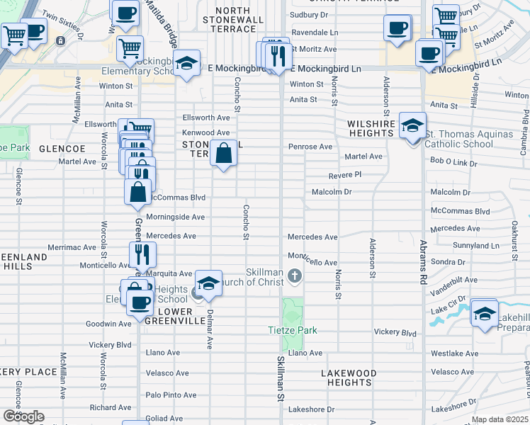 map of restaurants, bars, coffee shops, grocery stores, and more near 6025 Morningside Avenue in Dallas