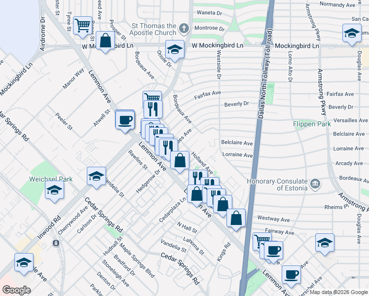 map of restaurants, bars, coffee shops, grocery stores, and more near 3627 South Versailles Avenue in Dallas