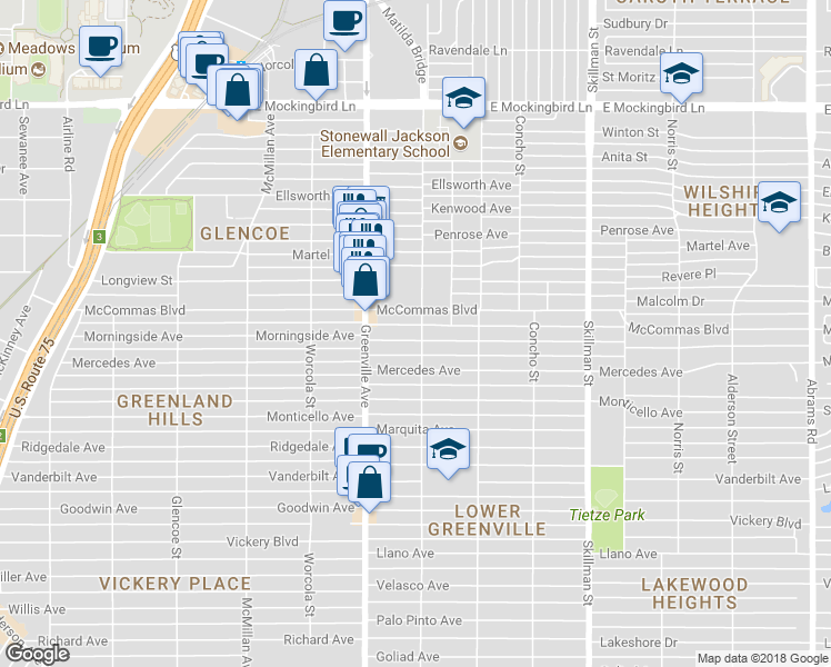 map of restaurants, bars, coffee shops, grocery stores, and more near 5747 Morningside Avenue in Dallas