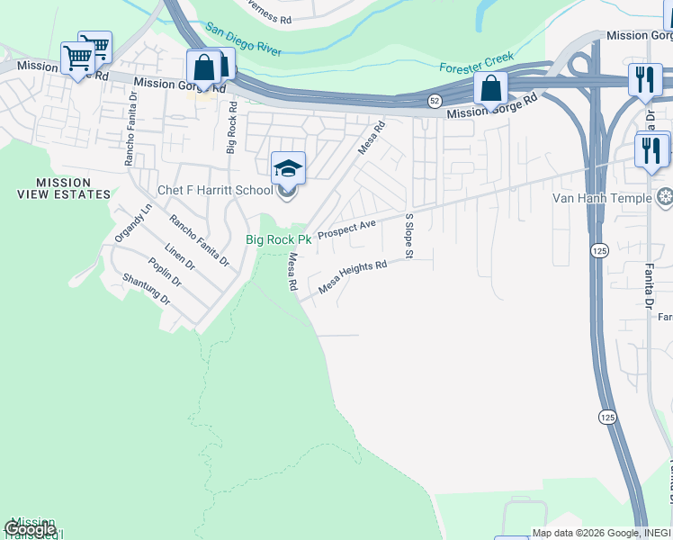 map of restaurants, bars, coffee shops, grocery stores, and more near 849 Mesa Ridge Road in Santee