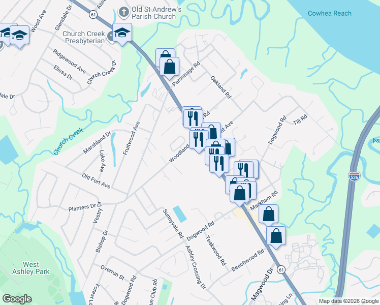 map of restaurants, bars, coffee shops, grocery stores, and more near 2491 Ashley River Road in Charleston