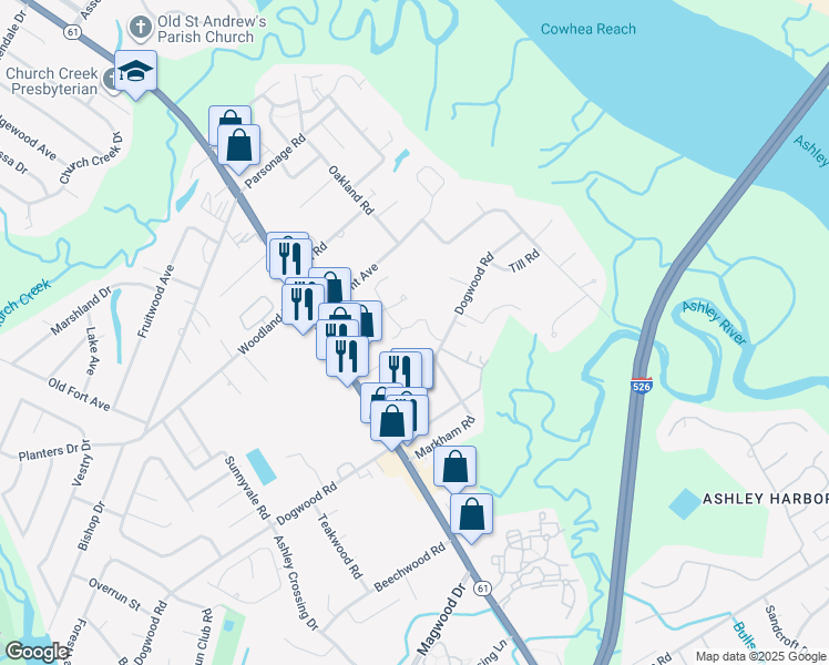 map of restaurants, bars, coffee shops, grocery stores, and more near 2419 Castlereagh Road in Charleston