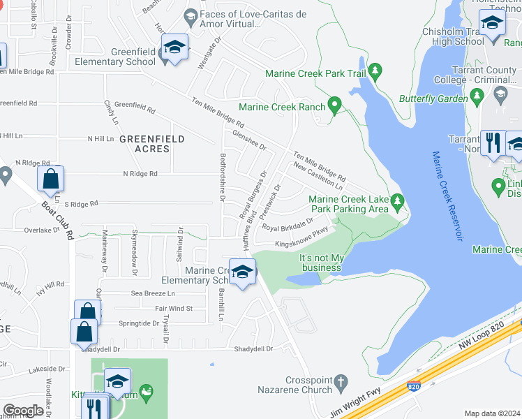 map of restaurants, bars, coffee shops, grocery stores, and more near 5029 Prestwick Drive in Fort Worth