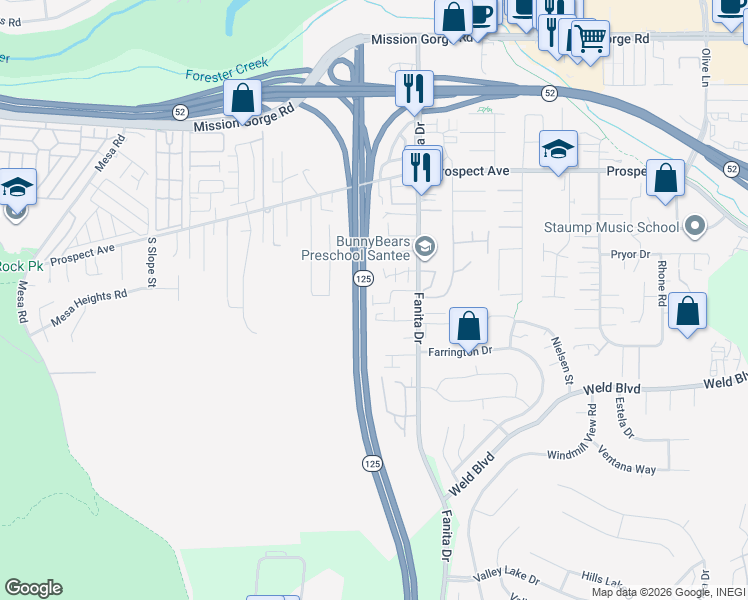 map of restaurants, bars, coffee shops, grocery stores, and more near 8440 Fanita Drive in Santee