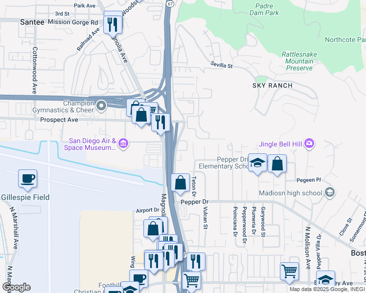 map of restaurants, bars, coffee shops, grocery stores, and more near 8445 Graves Avenue in Santee