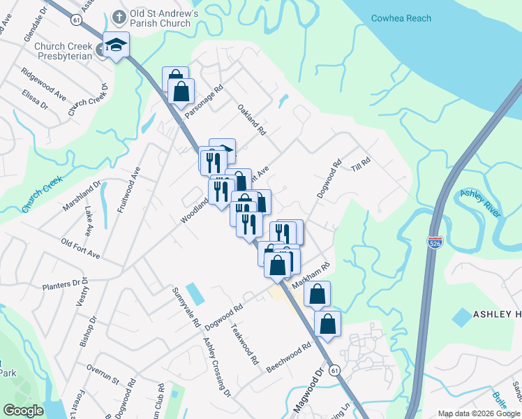 map of restaurants, bars, coffee shops, grocery stores, and more near 1783 Melody Lane in Charleston