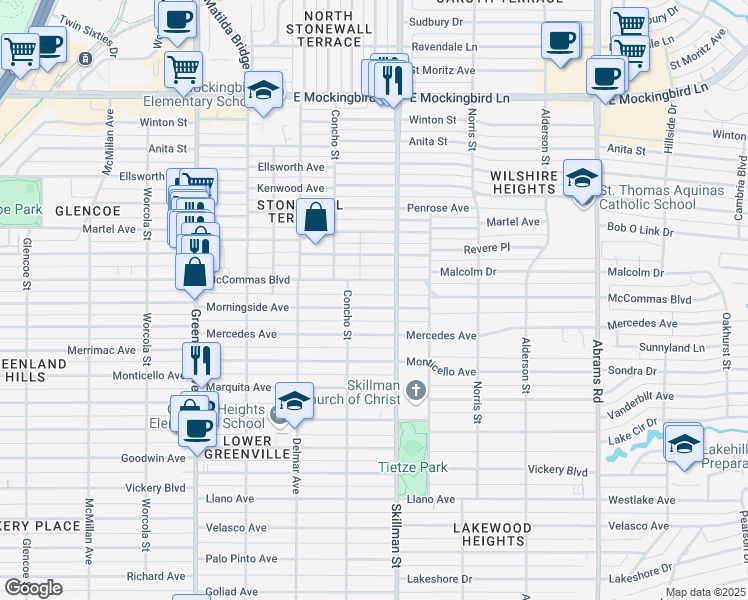 map of restaurants, bars, coffee shops, grocery stores, and more near 6037 Morningside Avenue in Dallas