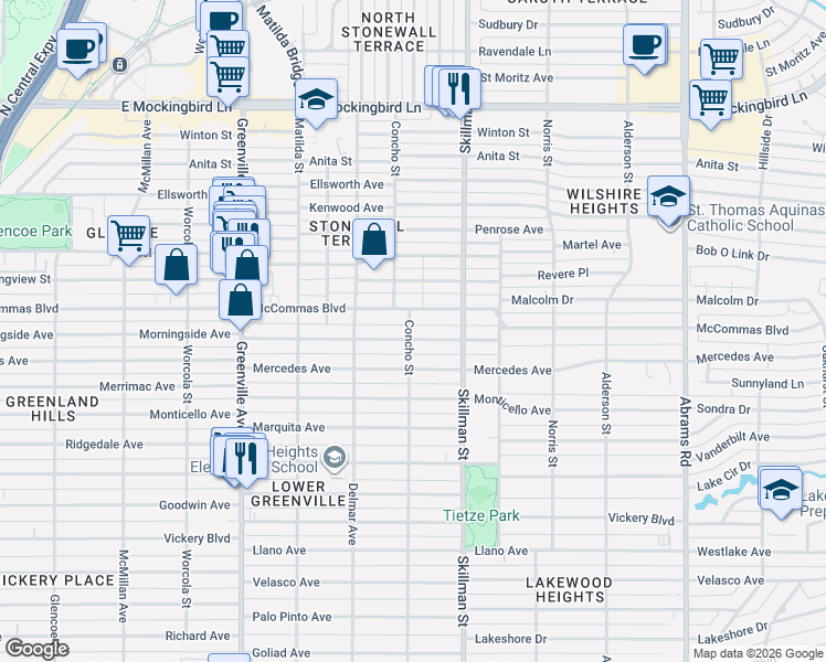 map of restaurants, bars, coffee shops, grocery stores, and more near 6003 Morningside Avenue in Dallas