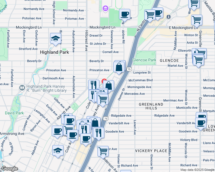 map of restaurants, bars, coffee shops, grocery stores, and more near 3161 Webb Avenue in Dallas
