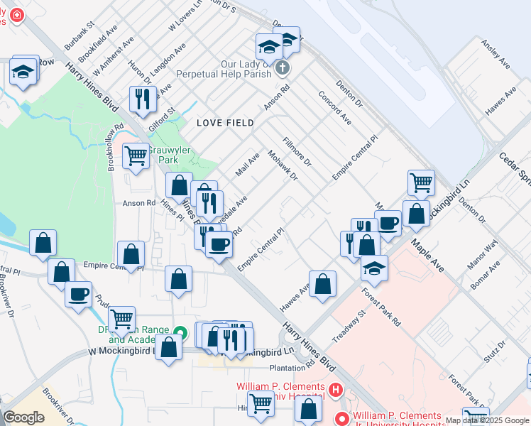 map of restaurants, bars, coffee shops, grocery stores, and more near 2122 Shea Road in Dallas