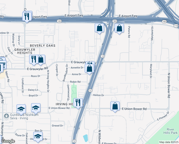 map of restaurants, bars, coffee shops, grocery stores, and more near 1421 North Loop 12 in Irving