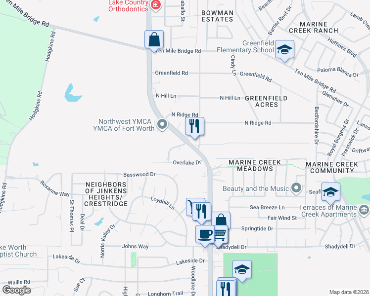 map of restaurants, bars, coffee shops, grocery stores, and more near 5236 Hill Ridge Drive in Fort Worth