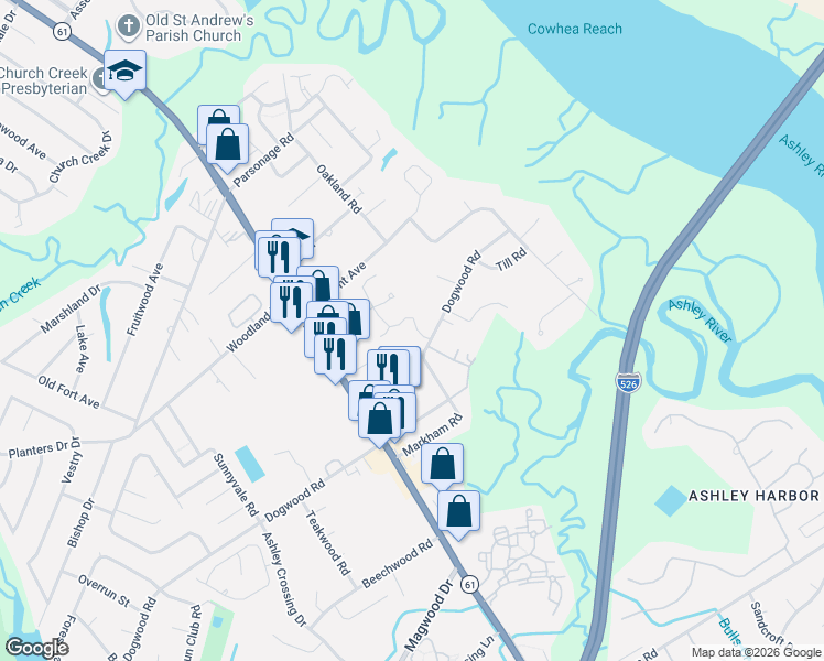 map of restaurants, bars, coffee shops, grocery stores, and more near 2419 Castlereagh Road in Charleston