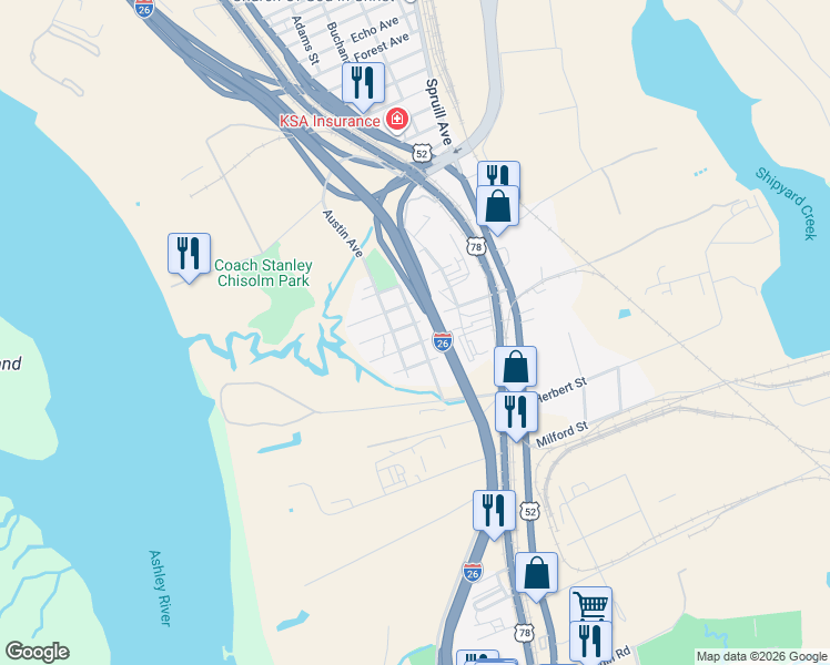 map of restaurants, bars, coffee shops, grocery stores, and more near 1847 Doscher Avenue in North Charleston