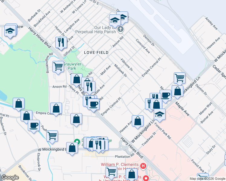 map of restaurants, bars, coffee shops, grocery stores, and more near 2122 Shea Road in Dallas