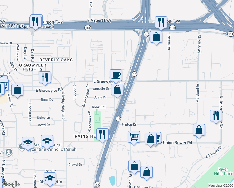 map of restaurants, bars, coffee shops, grocery stores, and more near 1421 North Loop 12 in Irving