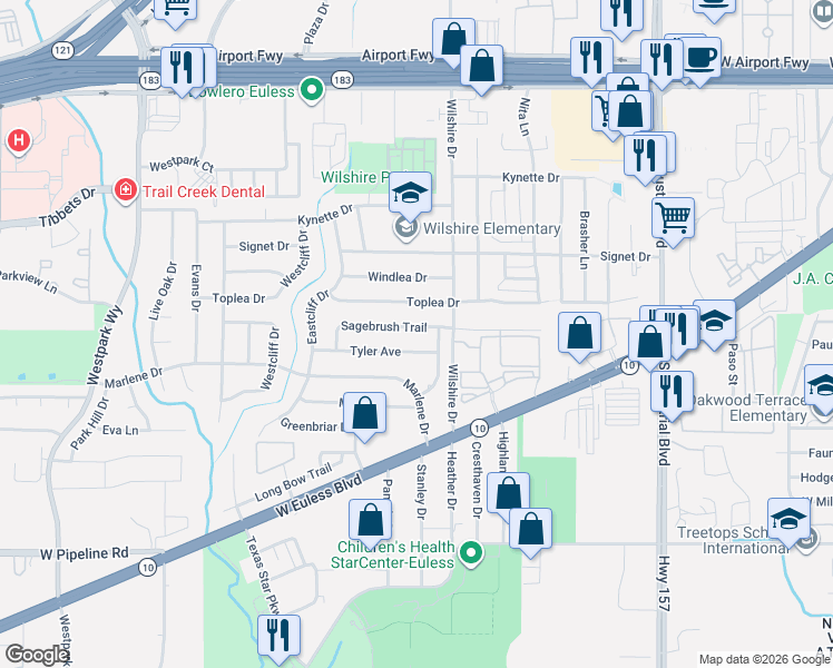 map of restaurants, bars, coffee shops, grocery stores, and more near 1601 Sagebrush Trail in Euless