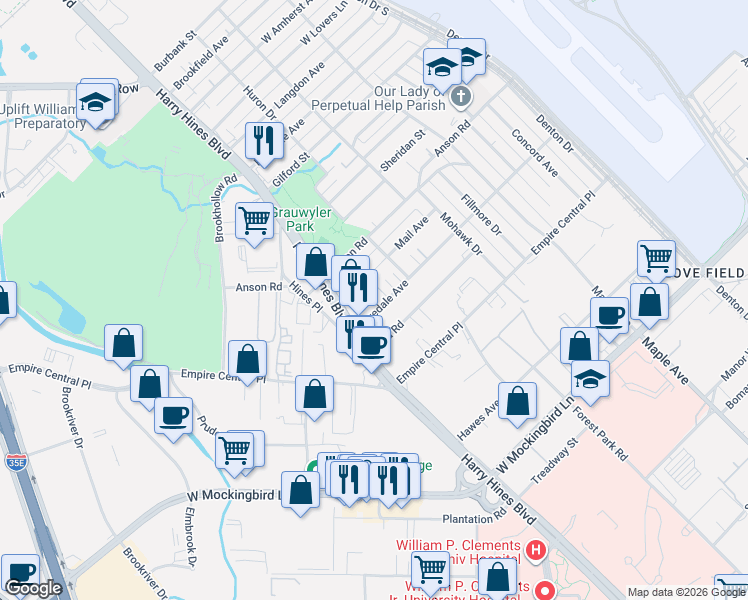 map of restaurants, bars, coffee shops, grocery stores, and more near 2129 Lovedale Avenue in Dallas