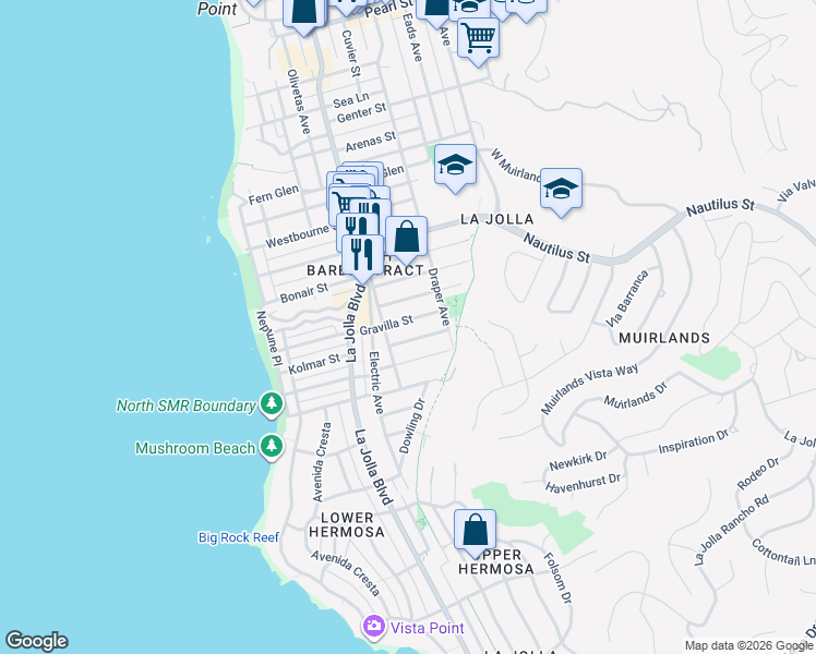 map of restaurants, bars, coffee shops, grocery stores, and more near 541 Gravilla Street in San Diego