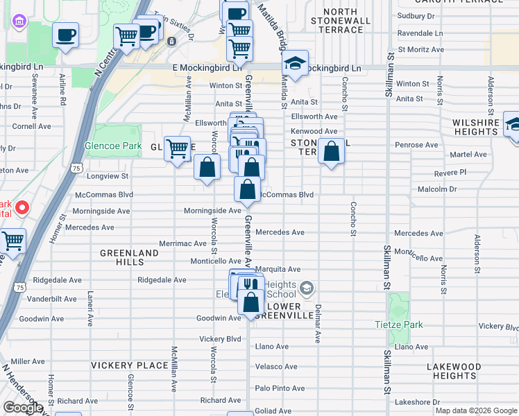map of restaurants, bars, coffee shops, grocery stores, and more near 5717 Morningside Avenue in Dallas