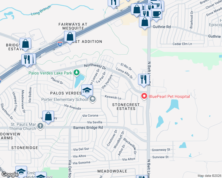 map of restaurants, bars, coffee shops, grocery stores, and more near 4804 Via Ventura in Mesquite