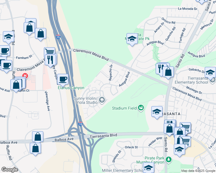 map of restaurants, bars, coffee shops, grocery stores, and more near 9943 Pine Knoll Lane in San Diego