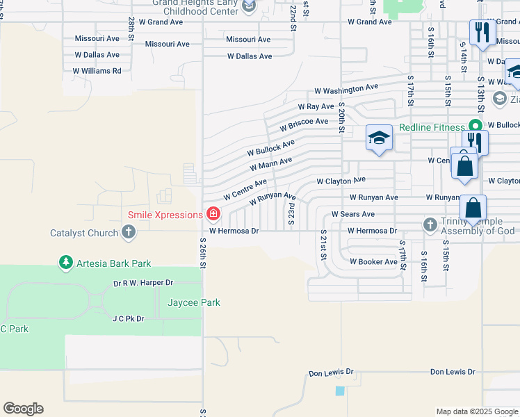 map of restaurants, bars, coffee shops, grocery stores, and more near 25th Street in Artesia