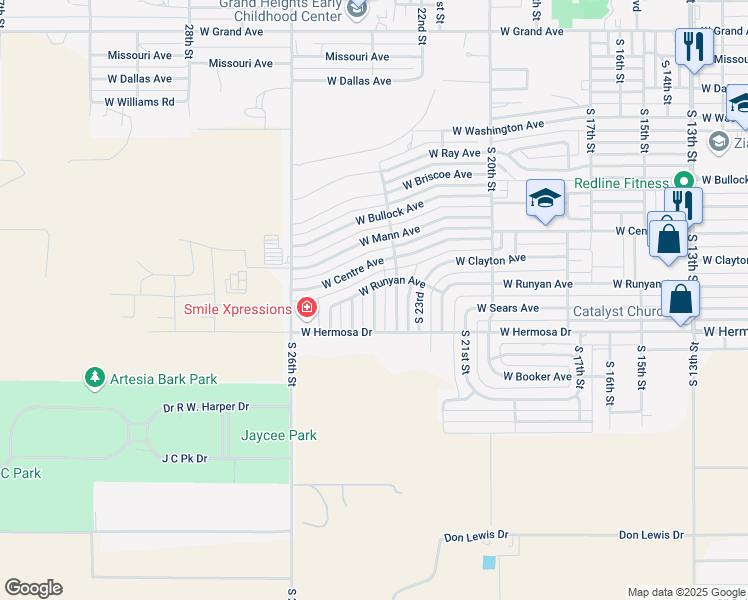 map of restaurants, bars, coffee shops, grocery stores, and more near 25th Street in Artesia